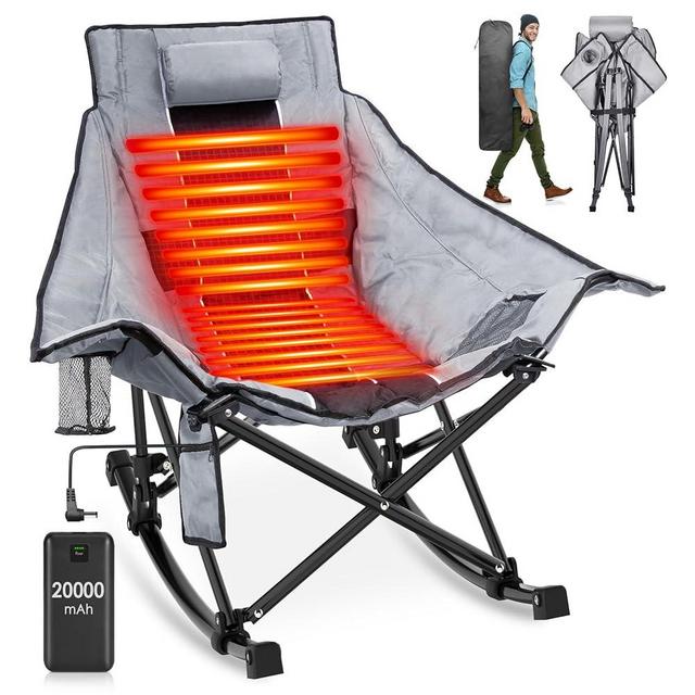 Suteck Heated Rocking Camping Chair, XL Oversized Rocking Chair Outdoor with 3 Heat Levels for Back and Seat, Heated Chairs Outdoor Sports W/20,000mAh Power Bank for Patio Lawn Picnic Travel