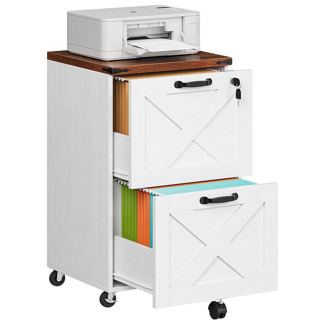 HOOBRO 2 Drawer File Cabinet with Lock, Under Desk Mobile Filing Cabinet for Home Office, Wooden Farmhouse Office Storage Cabinet, Printer Stand Fits Letter and A4 Size, Walnut and White WH66WJ01