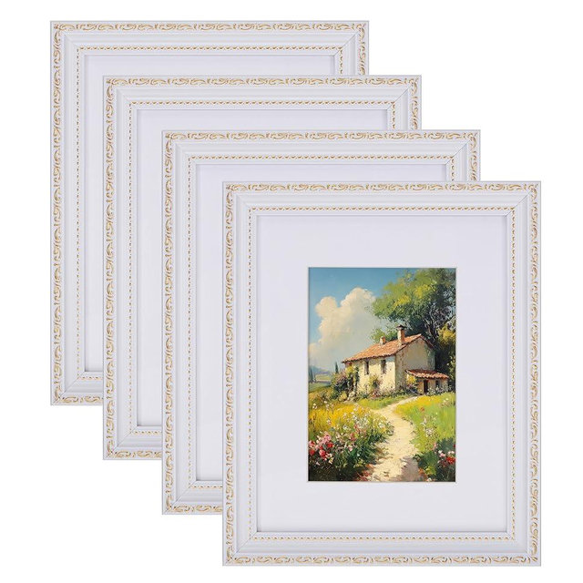 eletecpro 8x10 Picture Frames Set of 4, White Frame with Glass Cover, Vintage 8 x 10 Photo Frames Display 5x7 Photo with Mat or 8x10 without Mat for Tabletop or Wall Decor, White