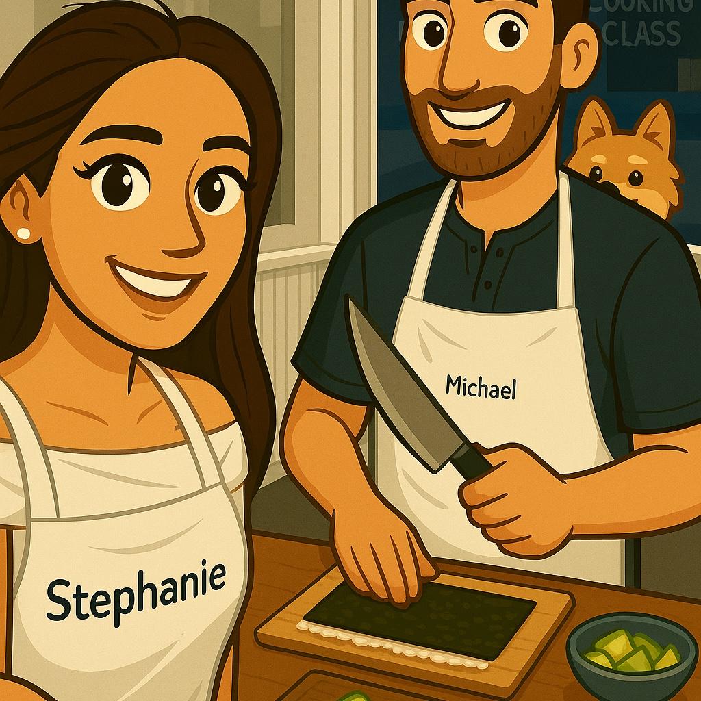 AT SUR LA TABLE,
WITH APRONS IN PLACE,
THEY STEPPED IN THE KITCHEN
WITH SMILES ON THEIR FACE.
AND AS SOY SAUCE WAS DRIZZLED
AND CHOPSTICKS TOOK FLIGHT,
THEY KNEW THIS WAS LOVE
ROLLED UP JUST RIGHT.