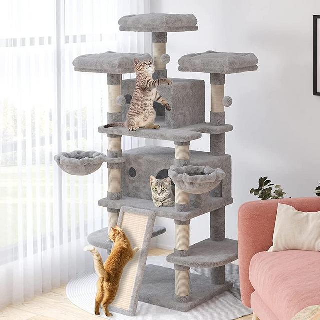 SHA CERLIN 68 Inches Multi-Level Large Cat Tree for Large Cats/Big Cat Tower with Cat Condo/Cozy Plush Cat Perches/Sisal Scratching Posts and Hammocks/Cat Activity Center Play House, Grey Color
