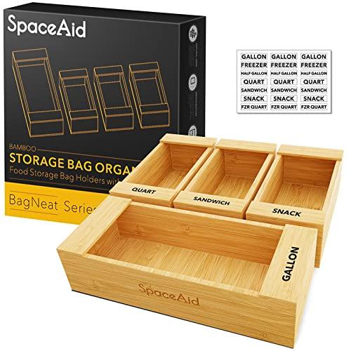 SpaceAid Ziplock Bag Storage Organizer for Kitchen Drawer, Bamboo Baggie Holder, Compatible with Ziploc, Solimo, Glad, Hefty for Gallon, Quart, Sandwich and Snack Variety Size Bags (4 Pack)
