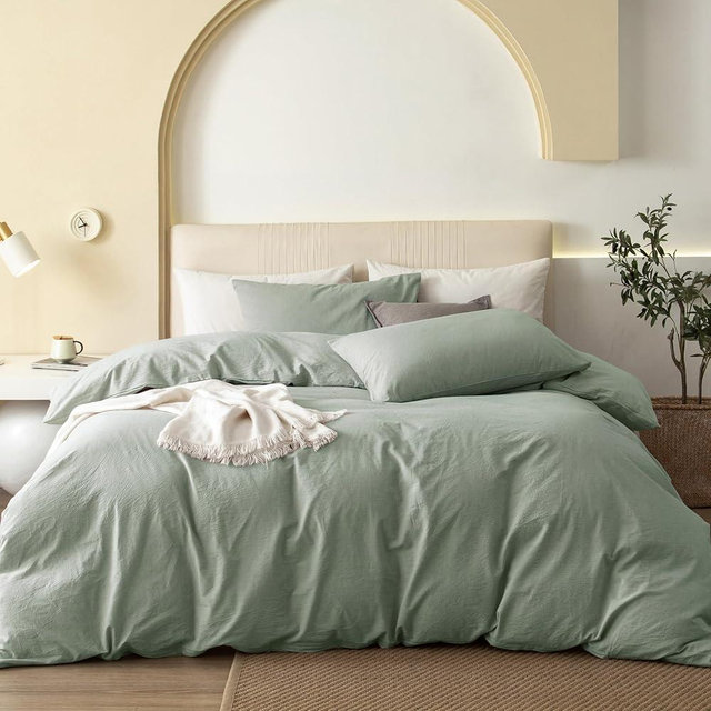 JIYUAN 100% Washed Cotton Duvet Cover Set Comfy Simple Style Soft Breathable Textured Durable Linen Feel Bedding for All Seasons Oversized Queen Size,Sage Green