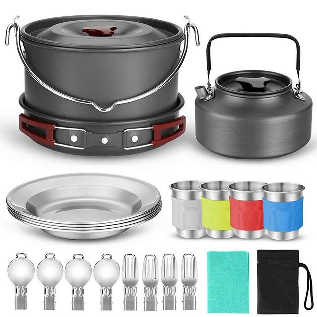 Odoland 22pcs Camping Cookware Mess Kit, Large Size Hanging Pot Pan Kettle with Base Cook Set for 4, Cups Dishes Forks Spoons Kit for Outdoor Camping Hiking and Picnic