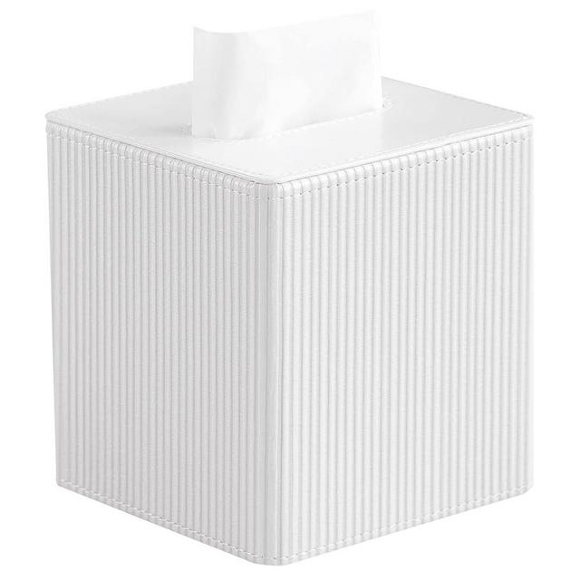Cretkhp PU Leather Tissue Box Cover with Magnetic Closure, Modern Square Tissue Box Holder Decorative Organizer for Bathroom Vanity Countertop, Night Stands Bedroom Office Desk (White)