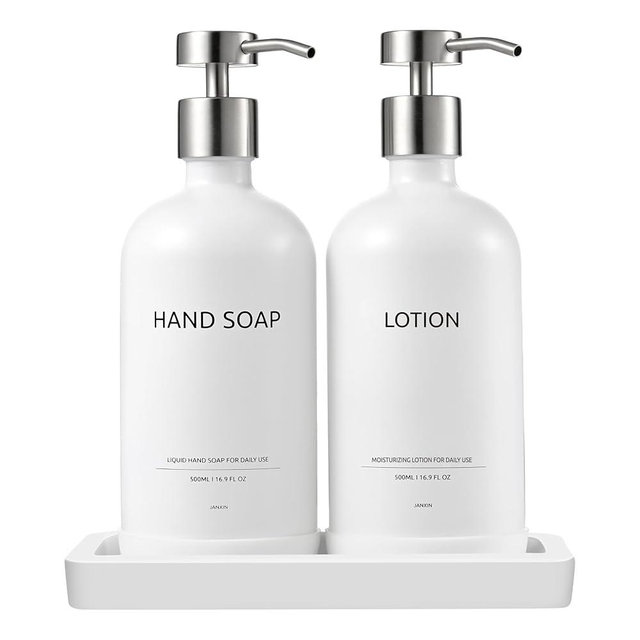 Janxin Glass Kitchen Soap Dispenser Set with Ceramic Tray,16.9 floz Hand and Dish Soap Dispenser for Kitchen and Bathroom Decor (White + Silver(Lotion))