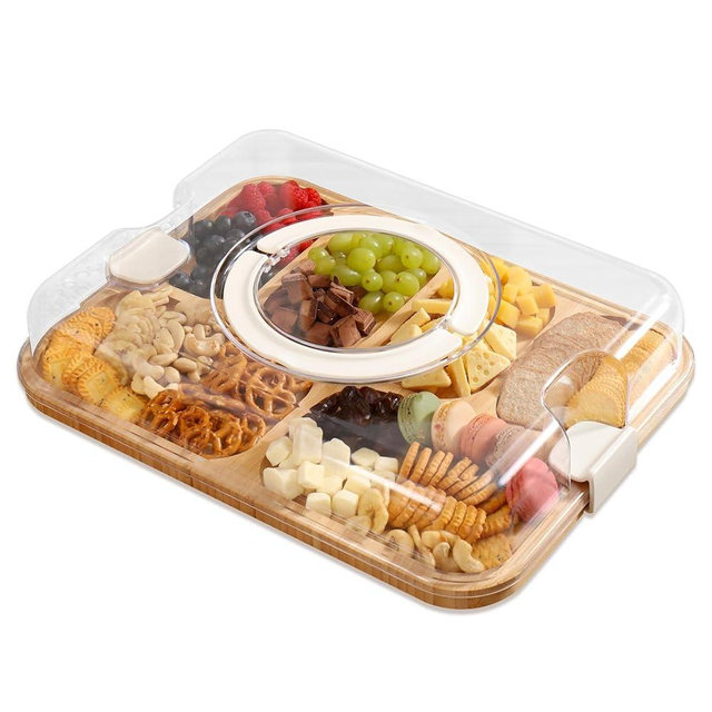 KHINYA Cutting Board - Charcuterie Boards with Lid, Portable Cutting Boards for Kitchen, Bamboo Cheese Board for Snack, Charcuterie (6 Compartments White)
