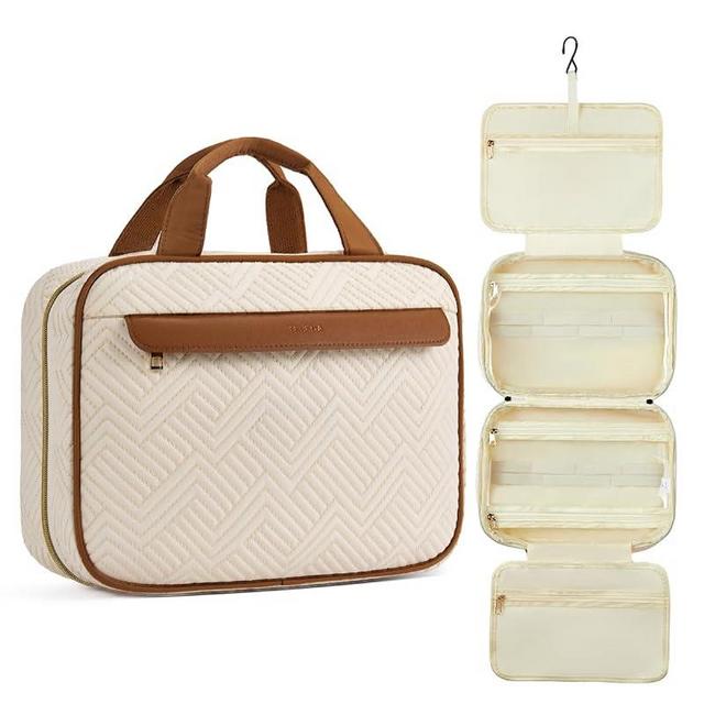 Telena Hanging Travel Toiletry Bag - Quilted Convenient & Stylish Organizer for Traveling Women, Beige with Browm