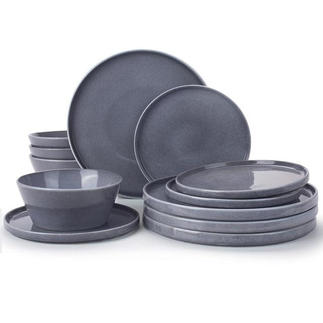 Famiware Annecy Stoneware Dinnerware Sets, Dinner Plates and Bowls Sets for 4, 12 Pieces Handmade Tableware/Dishware/Dish Set with Lipped Edges - Double Reactive Glaze, Misty-Blue