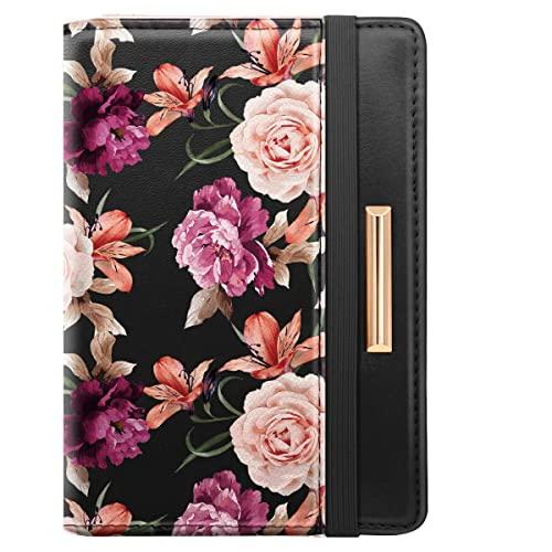 Passport Holder Cover Travel RFID Blocking Passport Cover Rose Gold Cute Flowers Passport Wallet with Elastic Band for Women