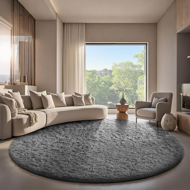 Ophanie Round Rugs 7Ft Grey Circle Area Rug, Fluffy Fuzzy Bedroom Carpet, Plush Soft Shaggy Indoor Floor Gray Living Room Rugs for Kids Home Decor Aesthetic, Nursery