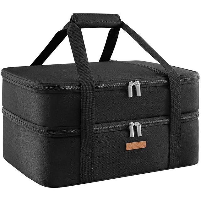 LUNCIA Lunch Bag Double Decker Insulated Casserole Carrier for Hot or Cold Food, Lasagna Holder Tote for Potluck Parties/Picnic/Cookouts (Black, 15.7 x 11.4 x 8.3inch)