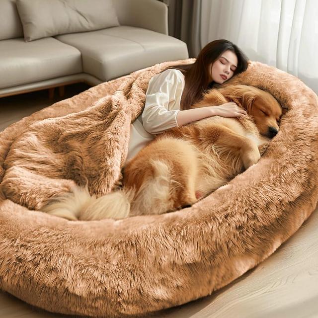 Human Dog Bed, Dog Bed for Humans, Giant Dog Bed with Washable Fluffy Faux Fur Cover, 72"x48"x11" Human Size Dog Bed with Soft Blanket, Large Dog Bean Bag Bed for Families, Beige