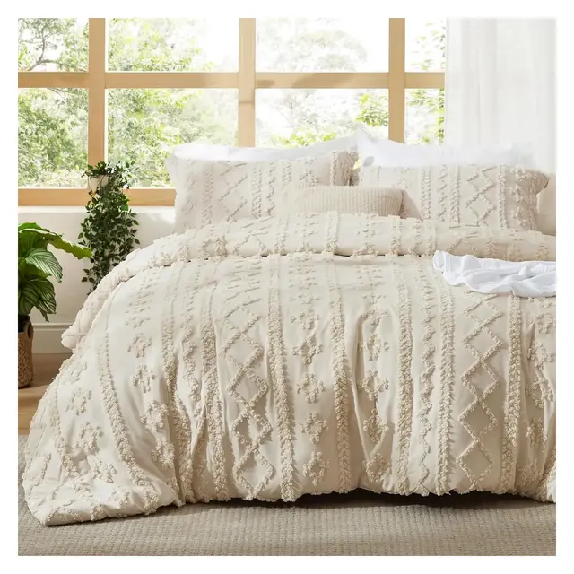 3Pcs Tufted Boho Farmhouse Shabby Chic Embroidery Beige King Size Comforter Set - Bedsure