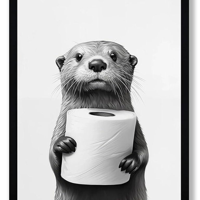 Framed Black and White Bathroom Canvas Wall Art, Funny Animal Bathroom Decor Cute Otter Holding A Roll of Toilet Paper Picture Modern Humor Painting Wall Decor Ready to Hang 10'' x 8''