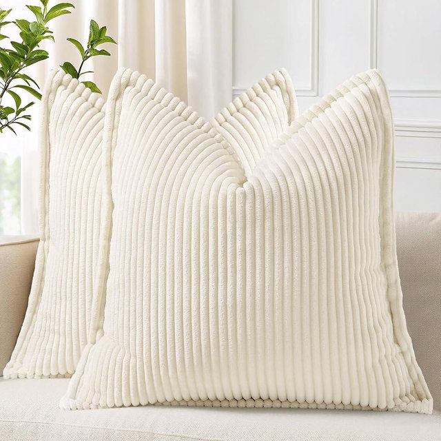 decorUhome Christmas Corduroy Cream White Throw Pillow Covers 20x20 Set of 2 Decorative Soft Boho Farmhouse Euro Sham Couch Pillow Covers for Living Room Bed Sofa Broadside Striped Pillow Cases