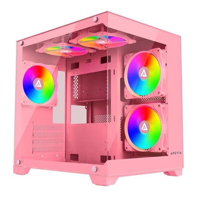 Apevia Prism-PK Prism Micro-ATX Gaming PC Cube Case w/ 5X 120mm ARGB Fans, 366 RGB Modes, Dual Tempered Glass Panels, 240mm Radiator Support, 1X USB3.0, 2X USB 2.0, HD Audio Port, Pink