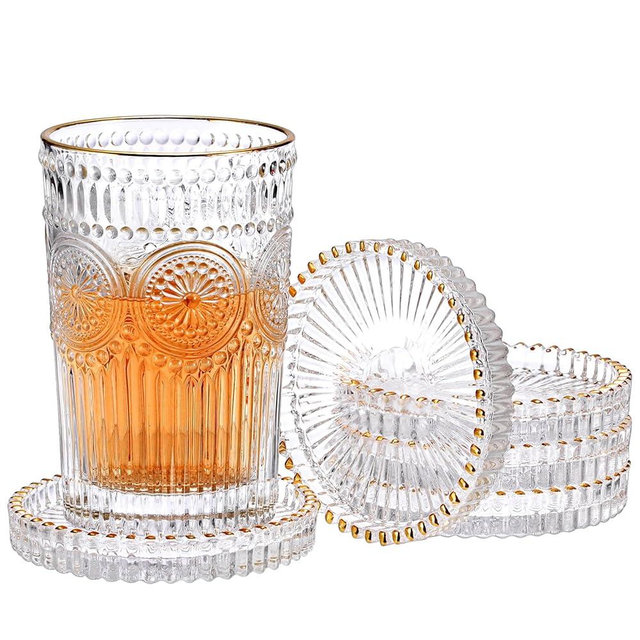 OGANAZI Set of 5 Modern Clear Coaster, Glass Coasters for Drinks, Crystal Coasters Round Cup Mat, Coffee Table Decor for Office, Kitchen, Bar, Dining Room, Living Room, Patio (Clear with Gold Rim)
