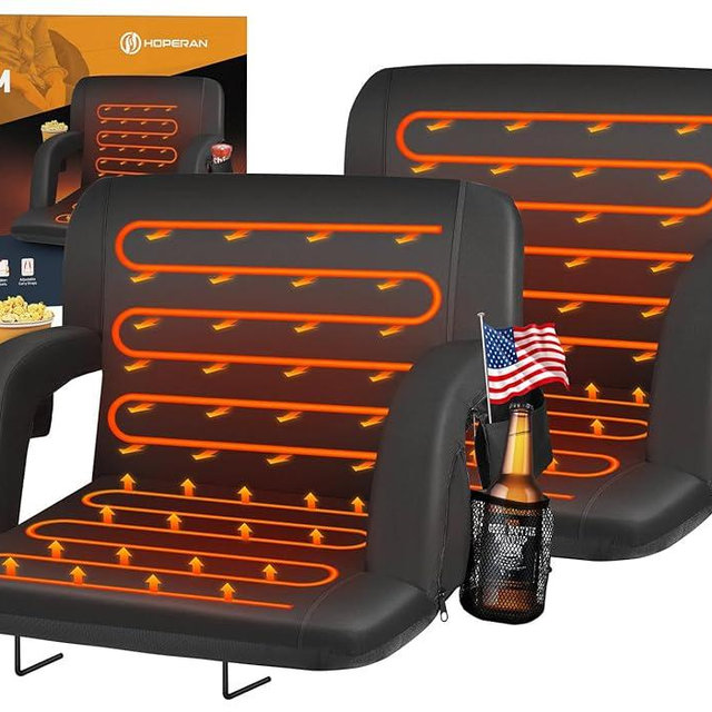 HOPERAN Heated Stadium Seats for Bleachers with Back Support Wide Cushion, Extra Portable Bleacher Seat Foldable Stadium Chair, USB 3 Levels of Heat, Pockets for Outdoor Indoor Sports 21" Black 2pcs
