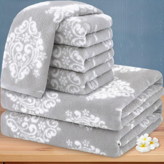 Towels for Bathroom - 100% Cotton | Soft | Quick Dry | Light Weight | Absorbent, 4 Hand 16"x27", 2 Bath 28"x52", Towel Set of 6, Grey Towels Bathroom Sets, Gray Damask Patterned Towel, Gray and White