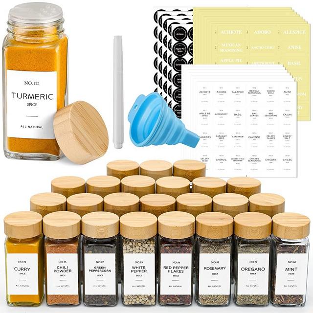 NETANY 36 Pcs Spice Jars with Labels - 4 oz Glass Spice Jars with Bamboo Lids, Minimalist Farmhouse Spice Labels Stickers, Collapsible Funnel, Seasoning Storage Bottles for Spice Rack, Cabinet, Drawer