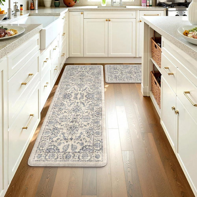 KIMODE Kitchen Mats for Floor Cushioned Anti Fatigue 2 Piece,Boho Floral Kitchen Rugs Non Slip 20" x 59"+20" x 32",Wide Memory Foam Kitchen Mat Carpet for Laundry Office Home,Blue
