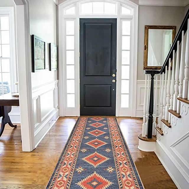 Custom Runner Rug Southwestern Native American Design Runner Rug 26 inch Wide x Your Length Size Choice Antique Collection Roll Runner Cut to Size (Blue, 6 ft x 26 in)