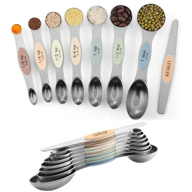 ChefAide Pack of 8 Stainless Steel Magnetic Measuring Spoons Set, Dual Sided, Stackable, Adjustable Teaspoon and Tablespoon Measure Spoon with Leveler, Kitchen Gadgets