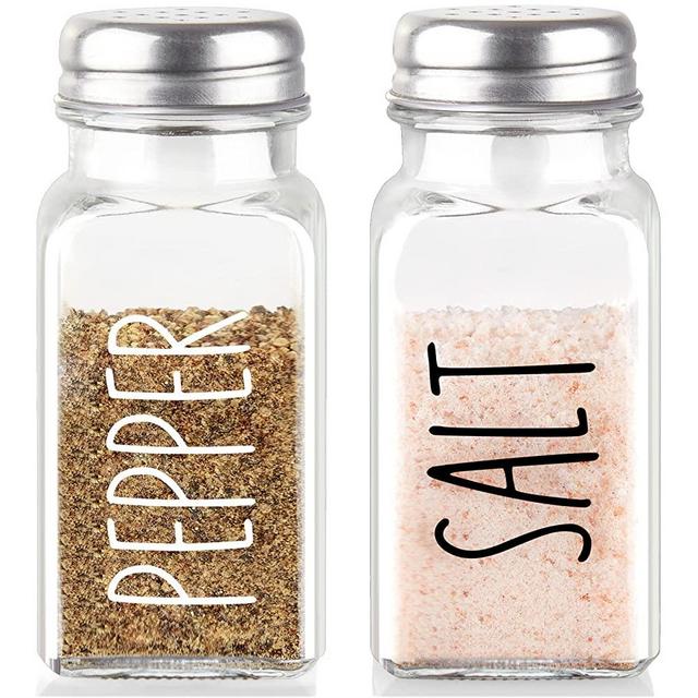 Clear Glass Salt and Pepper Shakers - Farmhouse Salt Shakers Set for Kitchen or Countertop, Transparent Pepper Shaker with Stainless Steel Lid, 2.7 oz