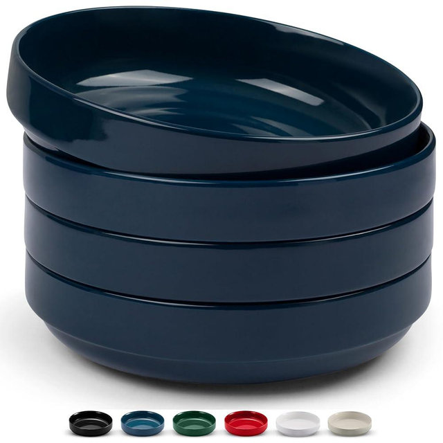 KooK Ceramic Large Pasta Bowls, Microwave and Dishwasher Safe, Great for Soups and Salads, Shallow Serving Bowls, Glossy Porcelain, 47 oz, Set of 4, Navy Blue