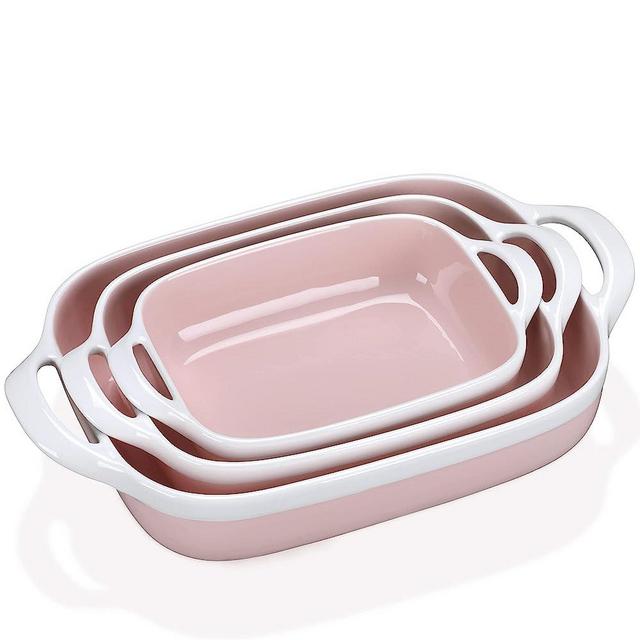 Casserole Dishes for Oven, LOVECASA Ceramic Baking Dishes Set of 3, Rectangular Lasagna Pans Deep with Handles, Oven to Table Baking Pans for Cake, Dessert, Party and Daily Use, Pink (10.4"/12.2"/15.3")