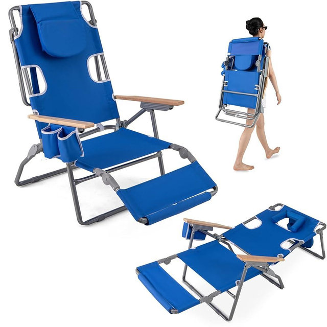 GYMAX Tanning Chairs, 3 in 1 Backpack Beach Lounger with Face/Arm Holes, Armrests, Cup Holders, 330 lbs Folding Portable Lounge Chairs for Outside, Patio, Poolside, Lawn (1,Navy)
