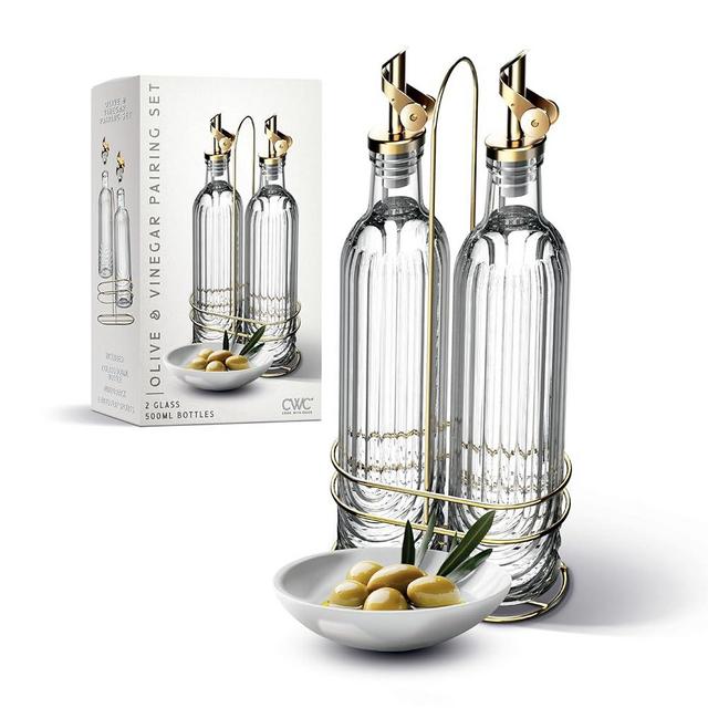 COOK WITH COLOR Glass Olive Oil Bottle Dispenser - 2 Pack- 17oz Oil and Vinegar Cruet - Olive Oil Carafe Decanter for Kitchen, Elegant Fluted, Clear