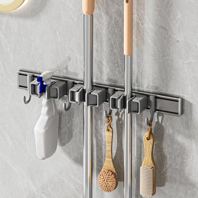 Tofaney Broom Holder Wall Mount Movable Hooks and Clips Mop and Broom Hanger Wall Mounted Aluminum Garage Tool Organizer Storage adhesive (40cm, Grey)
