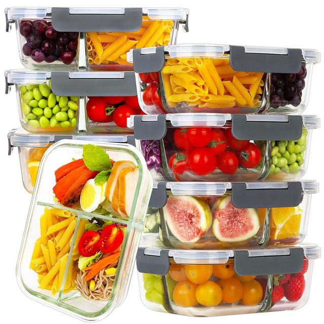 Bayco 8 Pack Glass Meal Prep Containers 3 Compartment, Glass Food Storage Containers with Lids, Airtight Glass Lunch Bento Boxes, BPA-Free Leak Proof (8 lids 8 Containers) - Grey
