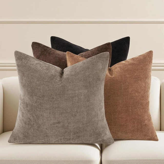 Lunofox Farmhouse Decor Throw Pillow Covers 18x18 Inch Set of 4, Solid Textured Cushion Covers for Couch, Sofa, Bed – Fall Pillow Covers in Taupe Grey, Light Brown, Brown, Black