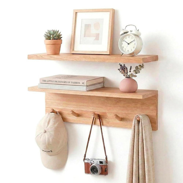 RIVERVALLA Floating Shelves Wall Mounted with Hooks Wood Coat Rack for Entryway Kitchen Bedroom Bathroom Living Room Wooden Shelf Storage Organizer for Book Photo Plant Clothes Hats Towel