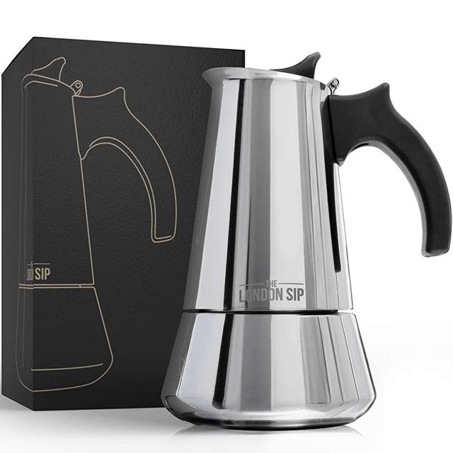 Stainless Steel Induction Stovetop Espresso Maker - Make Cafe Quality Italian Style Coffee at Home with This Premium Moka Pot in Modern Chrome, by The London Sip Company.… (Silver, 6 Cup)