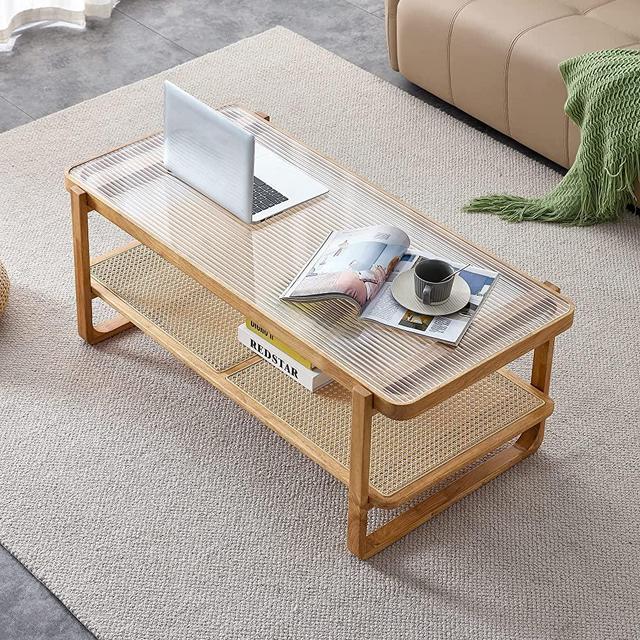 NYEESS Wood Coffee Table with Tempered Glass Top,Wood Coffee Table for Living Room,Glass Top Coffee Table with Imitation Rattan Storage Shelf, Rectangle Coffee Table for Living Room,Bedroom,Office