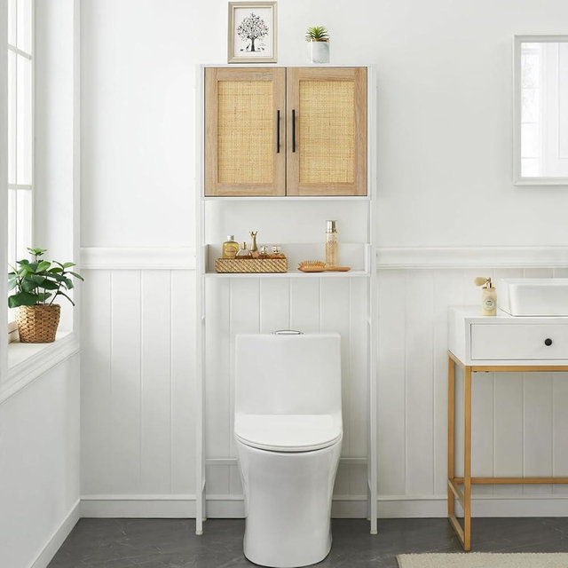 dainslef The Toilet Storage Cabinet, Bathroom Organizer with Rattan Doors, Adjustable Shelf for Bathroom,Restroom,Laundry.