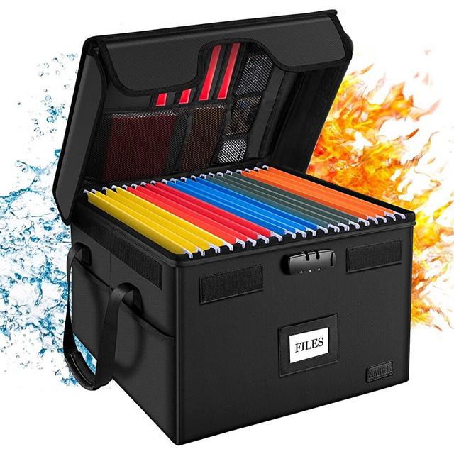 File Box with Lock, AMBOR Fireproof Document Box with 5 Tabs & Inserts, Collapsible File Organizer with Handle for Letter & Legal Size Folder/Certifications/Books/Toys Storage, Black