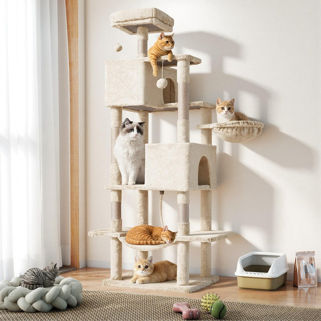 66 inch Cat Tree Tower, Large Multi-Cat Climbing, Extended Platform, Hammock, Pet House for Indoor Cats and Kittens Play