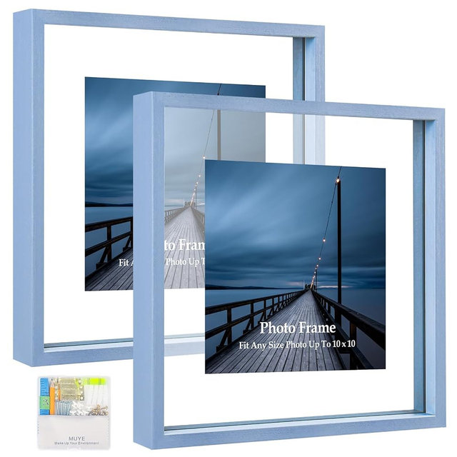MUYE 10x10 Floating Frame Set of 2,Double Real Glass Square Photo Frame,Display Any Size Photo up to 10x10,Wall Mount or Tabletop Standing,Blue