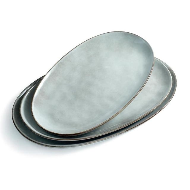 famiware Serving Platter, Oval 15.59/14.3/12.9inch Serving Dishes for Entertaining, Serving Bowls, Reactive Glaze, Stoneware Serving Trays for Party, Food, Turkey, Cheese, Ocean Series, Grey