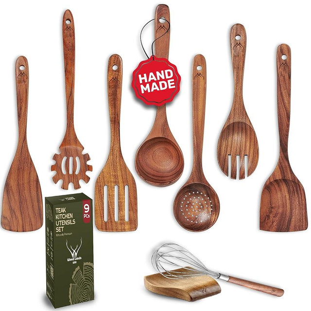 9 Pcs Teak Wooden Spoons for Cooking with Rest - Premium Utensils Set with Long Handles – Heat-Resistant Kitchen Tools for Stirring, Mixing, Serving – Durable Cooking Utensils Set with Spatula