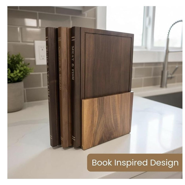 The Cutting Board Library™ | Original Design North American Walnut Wood Decorative Kitchen Display Boards (Set of 3) with Stand | Premium Countertop Serving & Styling Collection