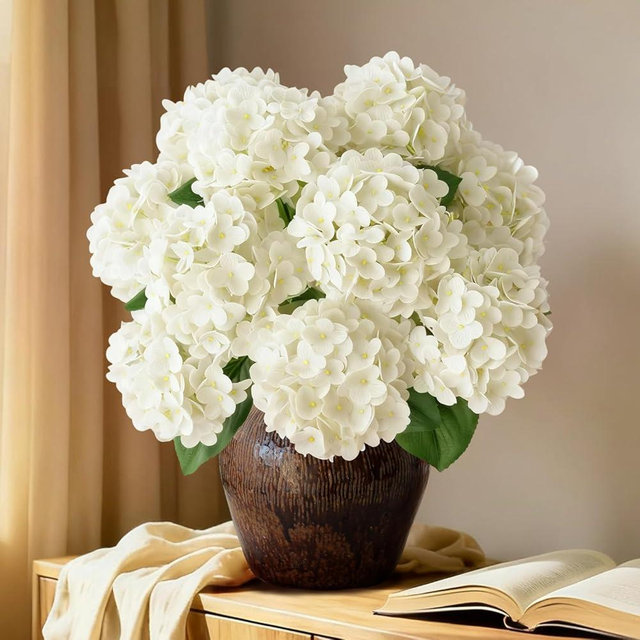 Piklado 2 Bunchs 21in.White Real Touch Hydrangea Artificial Flowers,with 10pcs Flower Heads 20pcs Green Leaves. Faux Hydrangea Flowers. for Home Office Decor Wedding Party Arrangements (2, White)