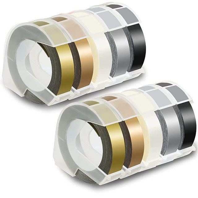 Pristar Durable Plastic 3D Embossing Tape Self-Adhesive Compatible for Dymo Label Makers Organizer Xpress Pro, 3/8 Inch X 9.8 Feet, White on Black/Silver/Clear/Gold/Champagne Gold, 10-Pack