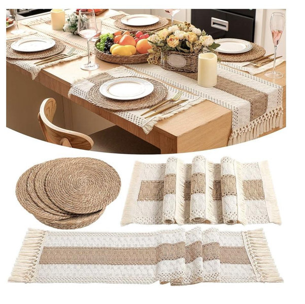 8 Sets Boho Decoration Placemats Round Woven Placemats, Cloth Napkins, Wood Bead Napkin Rings, Long Table Runner and Farmhouse Burlap Cotton for Table Kitchen (Khaki,12x108)