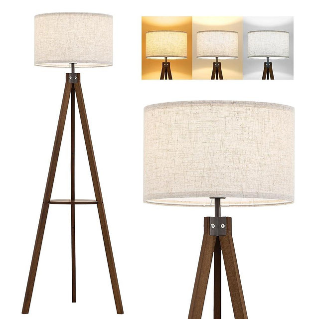 ELYONA Wood Tripod Floor Lamp with Table, Shelf Standing Light with 3 Color Temperatures LED Bulb, Mid Century Modern Wooden Tall Floor Lamp with Linen Shade for Living Room Bedroom Office,Dark Brown